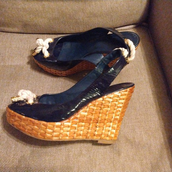 ❤️TORY BURCH Navy Blue Nautical Wicker Wedge Slingback Shoes 8 1/2 - Picture 4 of 7